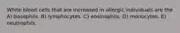White blood cells that are increased in allergic individuals are the A) basophils. B) lymphocytes. C) eosinophils. D) monocytes. E) neutrophils.