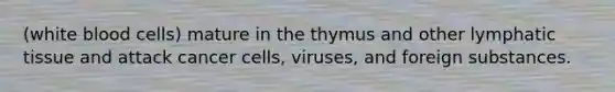 (white blood cells) mature in the thymus and other lymphatic tissue and attack cancer cells, viruses, and foreign substances.