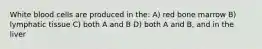 White blood cells are produced in the: A) red bone marrow B) lymphatic tissue C) both A and B D) both A and B, and in the liver
