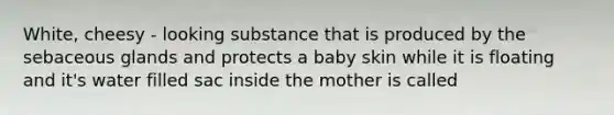 White, cheesy - looking substance that is produced by the sebaceous glands and protects a baby skin while it is floating and it's water filled sac inside the mother is called