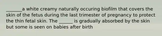 _______a white creamy naturally occuring biofilm that covers the skin of the fetus during the last trimester of pregnancy to protect the thin fetal skin. The ______ is gradually absorbed by the skin but some is seen on babies after birth