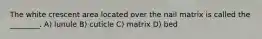 The white crescent area located over the nail matrix is called the ________. A) lunule B) cuticle C) matrix D) bed