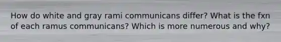 How do white and gray rami communicans differ? What is the fxn of each ramus communicans? Which is more numerous and why?