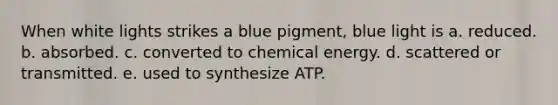 When white lights strikes a blue pigment, blue light is a. reduced. b. absorbed. c. converted to chemical energy. d. scattered or transmitted. e. used to synthesize ATP.