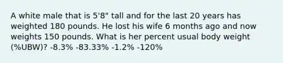 A white male that is 5'8" tall and for the last 20 years has weighted 180 pounds. He lost his wife 6 months ago and now weights 150 pounds. What is her percent usual body weight (%UBW)? -8.3% -83.33% -1.2% -120%