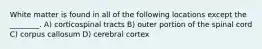 White matter is found in all of the following locations except the ________. A) corticospinal tracts B) outer portion of the spinal cord C) corpus callosum D) cerebral cortex