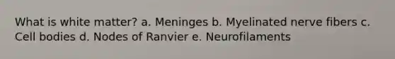 What is white matter? a. Meninges b. Myelinated nerve fibers c. Cell bodies d. Nodes of Ranvier e. Neurofilaments