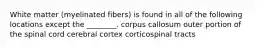 White matter (myelinated fibers) is found in all of the following locations except the ________. corpus callosum outer portion of the spinal cord cerebral cortex corticospinal tracts