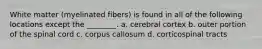 White matter (myelinated fibers) is found in all of the following locations except the ________. a. cerebral cortex b. outer portion of the spinal cord c. corpus callosum d. corticospinal tracts