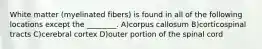 White matter (myelinated fibers) is found in all of the following locations except the ________. A)corpus callosum B)corticospinal tracts C)cerebral cortex D)outer portion of the spinal cord