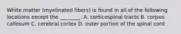 White matter (myelinated fibers) is found in all of the following locations except the ________. A. corticospinal tracts B. corpus callosum C. cerebral cortex D. outer portion of the spinal cord