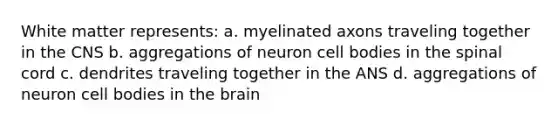 White matter represents: a. myelinated axons traveling together in the CNS b. aggregations of neuron cell bodies in the spinal cord c. dendrites traveling together in the ANS d. aggregations of neuron cell bodies in the brain