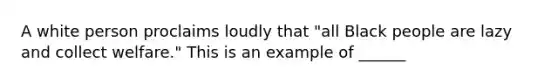 A white person proclaims loudly that "all Black people are lazy and collect welfare." This is an example of ______