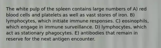 The white pulp of the spleen contains large numbers of A) red blood cells and platelets as well as vast stores of iron. B) lymphocytes, which initiate immune responses. C) eosinophils, which engage in immune surveillance. D) lymphocytes, which act as stationary phagocytes. E) antibodies that remain in reserve for the next antigen encounter.