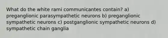 What do the white rami communicantes contain? a) preganglionic parasympathetic neurons b) preganglionic sympathetic neurons c) postganglionic sympathetic neurons d) sympathetic chain ganglia