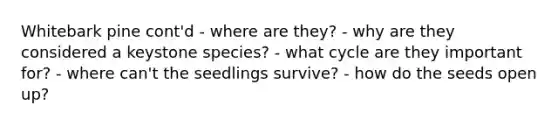 Whitebark pine cont'd - where are they? - why are they considered a keystone species? - what cycle are they important for? - where can't the seedlings survive? - how do the seeds open up?