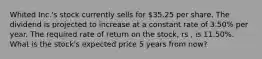 Whited Inc.'s stock currently sells for 35.25 per share. The dividend is projected to increase at a constant rate of 3.50% per year. The required rate of return on the stock, rs , is 11.50%. What is the stock's expected price 5 years from now?