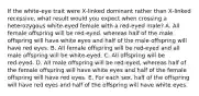 If the white‑eye trait were X‑linked dominant rather than X‑linked recessive, what result would you expect when crossing a heterozygous white‑eyed female with a red‑eyed male? A. All female offspring will be red‑eyed, whereas half of the male offspring will have white eyes and half of the male offspring will have red eyes. B. All female offspring will be red‑eyed and all male offspring will be white‑eyed. C. All offspring will be red‑eyed. D. All male offspring will be red‑eyed, whereas half of the female offspring will have white eyes and half of the female offspring will have red eyes. E. For each sex, half of the offspring will have red eyes and half of the offspring will have white eyes.