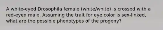 A white-eyed Drosophila female (white/white) is crossed with a red-eyed male. Assuming the trait for eye color is sex-linked, what are the possible phenotypes of the progeny?