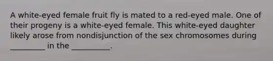 A white-eyed female fruit fly is mated to a red-eyed male. One of their progeny is a white-eyed female. This white-eyed daughter likely arose from nondisjunction of the sex chromosomes during _________ in the __________.