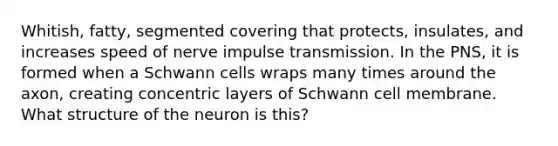 Whitish, fatty, segmented covering that protects, insulates, and increases speed of nerve impulse transmission. In the PNS, it is formed when a Schwann cells wraps many times around the axon, creating concentric layers of Schwann cell membrane. What structure of the neuron is this?