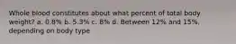 Whole blood constitutes about what percent of total body weight? a. 0.8% b. 5.3% c. 8% d. Between 12% and 15%, depending on body type