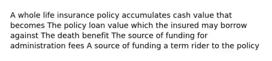 A whole life insurance policy accumulates cash value that becomes The policy loan value which the insured may borrow against The death benefit The source of funding for administration fees A source of funding a term rider to the policy