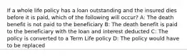 If a whole life policy has a loan outstanding and the insured dies before it is paid, which of the following will occur? A: The death benefit is not paid to the beneficiary B: The death benefit is paid to the beneficiary with the loan and interest deducted C: The policy is converted to a Term Life policy D: The policy would have to be replaced