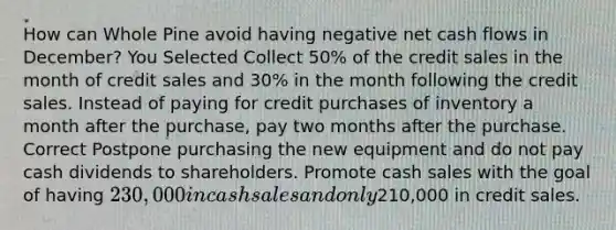 How can Whole Pine avoid having negative net cash flows in December? You Selected Collect 50% of the credit sales in the month of credit sales and 30% in the month following the credit sales. Instead of paying for credit purchases of inventory a month after the purchase, pay two months after the purchase. Correct Postpone purchasing the new equipment and do not pay cash dividends to shareholders. Promote cash sales with the goal of having 230,000 in cash sales and only210,000 in credit sales.