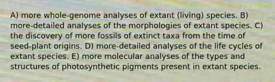 A) more whole-genome analyses of extant (living) species. B) more-detailed analyses of the morphologies of extant species. C) the discovery of more fossils of extinct taxa from the time of seed-plant origins. D) more-detailed analyses of the life cycles of extant species. E) more molecular analyses of the types and structures of photosynthetic pigments present in extant species.