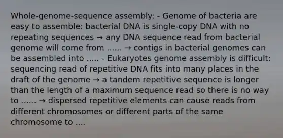 Whole-genome-sequence assembly: - Genome of bacteria are easy to assemble: bacterial DNA is single-copy DNA with no repeating sequences → any DNA sequence read from bacterial genome will come from ...... → contigs in bacterial genomes can be assembled into ..... - Eukaryotes genome assembly is difficult: sequencing read of repetitive DNA fits into many places in the draft of the genome → a tandem repetitive sequence is longer than the length of a maximum sequence read so there is no way to ...... → dispersed repetitive elements can cause reads from different chromosomes or different parts of the same chromosome to ....