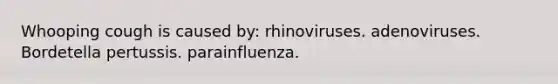 Whooping cough is caused by: rhinoviruses. adenoviruses. Bordetella pertussis. parainfluenza.