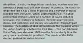 Who/What: Lincoln, the Republican candidate, won because the Democratic party was split over slavery. As a result, the South no longer felt like it has a voice in politics and a number of states seceded from the Union. When: 1860 Importance: The 1860 presidential election turned on a number of issues including secession; the relationship between the federal government, states, and territories; and slavery and abolition. Shape/Impact America: The Election of 1860 demonstrated the divisions within the United States just before the Civil War. ... The Constitutional Union Party was also new; 1860 was the first and only time the party ran a candidate for president. The results of the 1860 election pushed the nation into war.