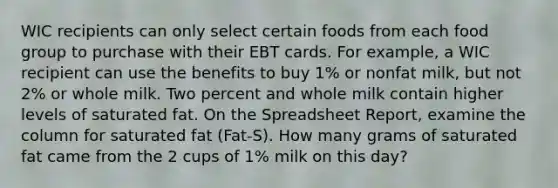 WIC recipients can only select certain foods from each food group to purchase with their EBT cards. For example, a WIC recipient can use the benefits to buy 1% or nonfat milk, but not 2% or whole milk. Two percent and whole milk contain higher levels of saturated fat. On the Spreadsheet Report, examine the column for saturated fat (Fat-S). How many grams of saturated fat came from the 2 cups of 1% milk on this day?