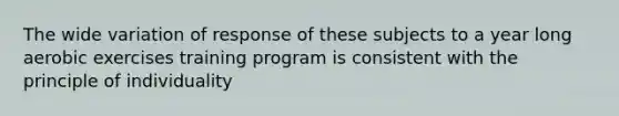 The wide variation of response of these subjects to a year long aerobic exercises training program is consistent with the principle of individuality