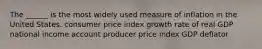 The ______ is the most widely used measure of inflation in the United States. consumer price index growth rate of real GDP national income account producer price index GDP deflator