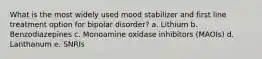 What is the most widely used mood stabilizer and first line treatment option for bipolar disorder? a. Lithium b. Benzodiazepines c. Monoamine oxidase inhibitors (MAOIs) d. Lanthanum e. SNRIs