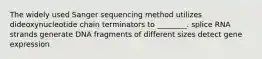 The widely used Sanger sequencing method utilizes dideoxynucleotide chain terminators to ________. splice RNA strands generate DNA fragments of different sizes detect gene expression