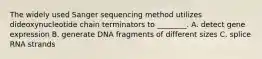 The widely used Sanger sequencing method utilizes dideoxynucleotide chain terminators to ________. A. detect gene expression B. generate DNA fragments of different sizes C. splice RNA strands