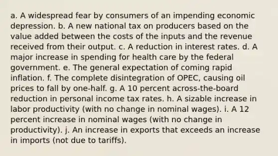 a. A widespread fear by consumers of an impending economic depression. b. A new national tax on producers based on the value added between the costs of the inputs and the revenue received from their output. c. A reduction in interest rates. d. A major increase in spending for health care by the federal government. e. The general expectation of coming rapid inflation. f. The complete disintegration of OPEC, causing oil prices to fall by one-half. g. A 10 percent across-the-board reduction in personal income tax rates. h. A sizable increase in labor productivity (with no change in nominal wages). i. A 12 percent increase in nominal wages (with no change in productivity). j. An increase in exports that exceeds an increase in imports (not due to tariffs).