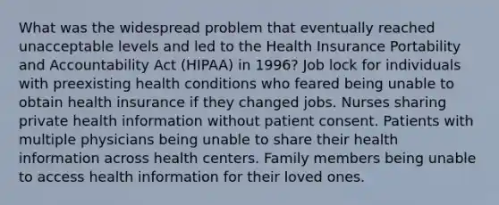 What was the widespread problem that eventually reached unacceptable levels and led to the Health Insurance Portability and Accountability Act (HIPAA) in 1996? Job lock for individuals with preexisting health conditions who feared being unable to obtain health insurance if they changed jobs. Nurses sharing private health information without patient consent. Patients with multiple physicians being unable to share their health information across health centers. Family members being unable to access health information for their loved ones.