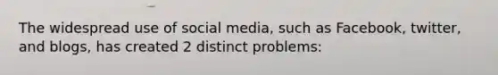 The widespread use of social media, such as Facebook, twitter, and blogs, has created 2 distinct problems: