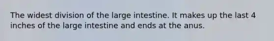 The widest division of the large intestine. It makes up the last 4 inches of the large intestine and ends at the anus.