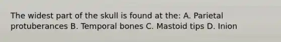 The widest part of the skull is found at the: A. Parietal protuberances B. Temporal bones C. Mastoid tips D. Inion