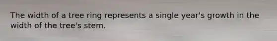 The width of a tree ring represents a single year's growth in the width of the tree's stem.
