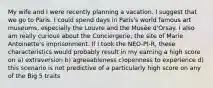 My wife and I were recently planning a vacation. I suggest that we go to Paris. I could spend days in Paris's world famous art museums, especially the Louvre and the Musée d'Orsay. I also am really curious about the Conciergerie, the site of Marie Antoinette's imprisonment. If I took the NEO-PI-R, these characteristics would probably result in my earning a high score on a) extraversion b) agreeableness c)openness to experience d) this scenario is not predictive of a particularly high score on any of the Big 5 traits