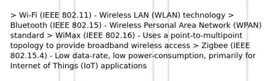 > Wi-Fi (IEEE 802.11) - Wireless LAN (WLAN) technology > Bluetooth (IEEE 802.15) - Wireless Personal Area Network (WPAN) standard > WiMax (IEEE 802.16) - Uses a point-to-multipoint topology to provide broadband wireless access > Zigbee (IEEE 802.15.4) - Low data-rate, low power-consumption, primarily for Internet of Things (IoT) applications