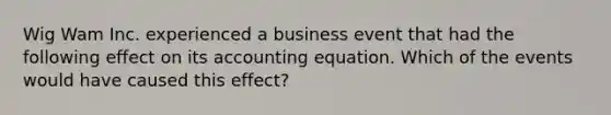 Wig Wam Inc. experienced a business event that had the following effect on its accounting equation. Which of the events would have caused this effect?