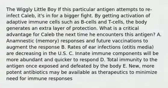 The Wiggly Little Boy If this particular antigen attempts to re-infect Caleb, it's in for a bigger fight. By getting activation of adaptive immune cells such as B-cells and T-cells, the body generates an extra layer of protection. What is a critical advantage for Caleb the next time he encounters this antigen? A. Anamnestic (memory) responses and future vaccinations to augment the response B. Rates of ear infections (otitis media) are decreasing in the U.S. C. Innate immune components will be more abundant and quicker to respond D. Total immunity to the antigen once exposed and defeated by the body E. New, more potent antibiotics may be available as therapeutics to minimize need for immune responses