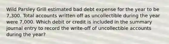 Wild Parsley Grill estimated bad debt expense for the year to be 7,300. Total accounts written off as uncollectible during the year were 7,000. Which debit or credit is included in the summary journal entry to record the write-off of uncollectible accounts during the year?